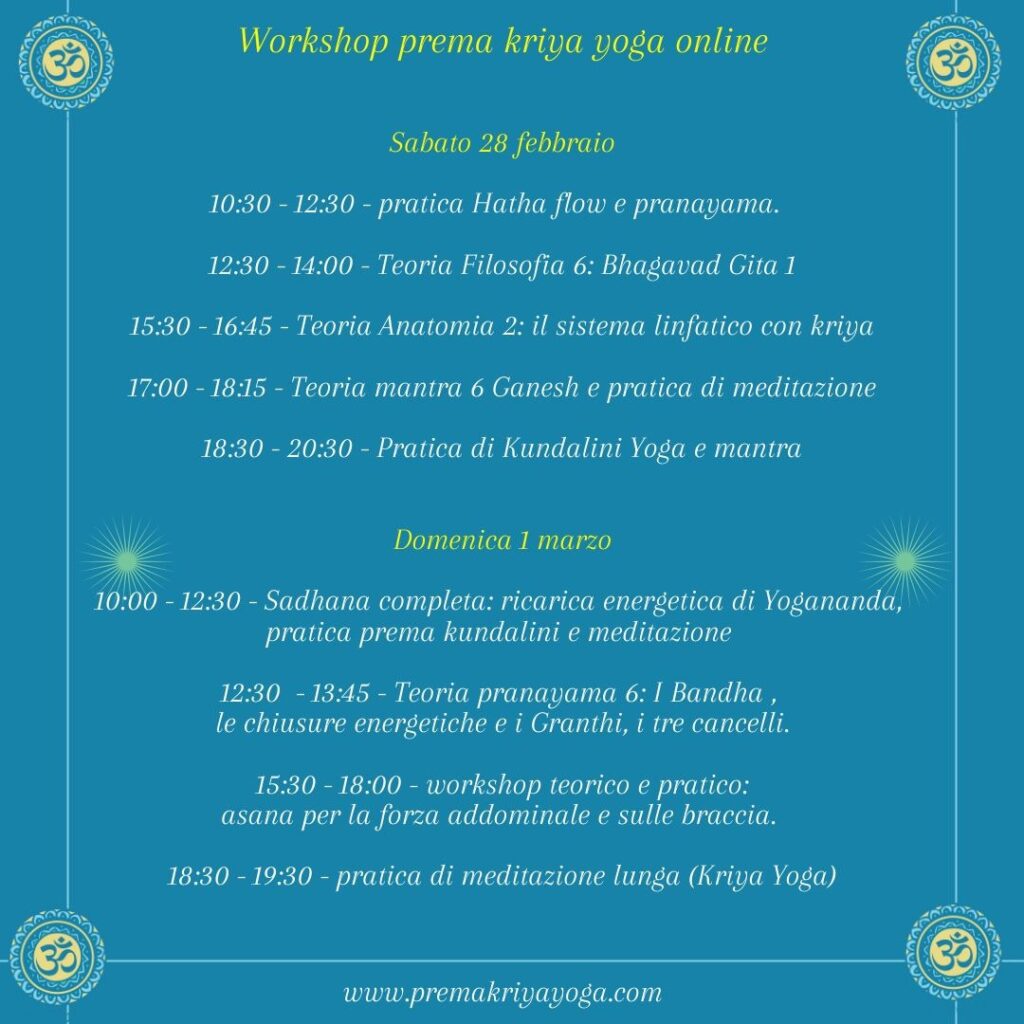 PREMA KRIYA YOGA - workshop online 28_2 e 1_3 - programma workshop online